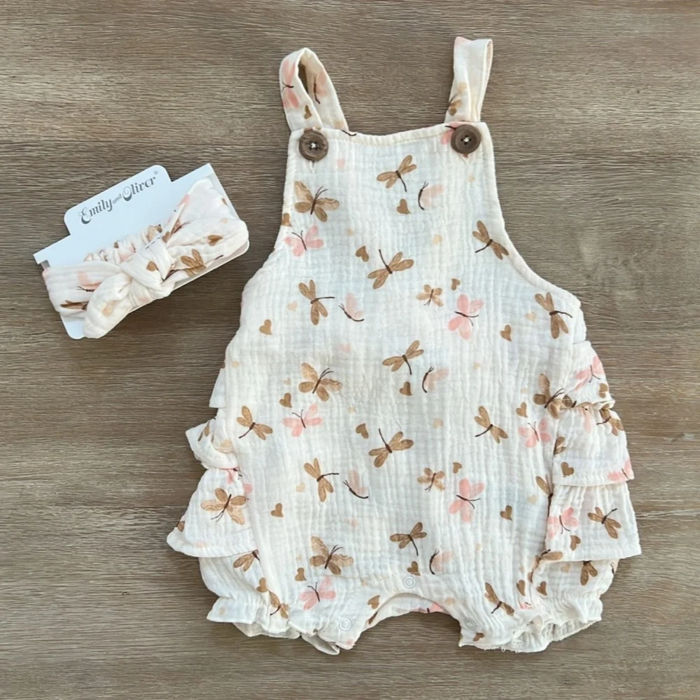Emily and Oliver Butterfly Ruffle Bubble Romper Headband 12 18 months